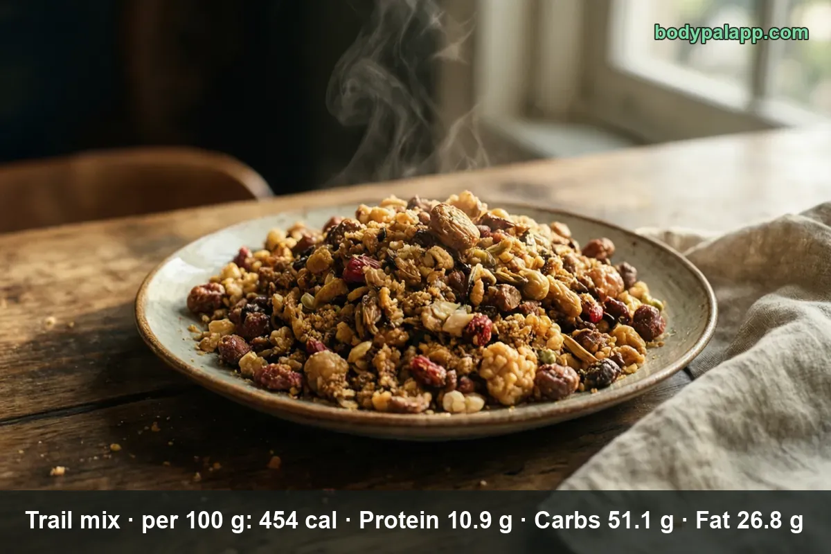 Plate piled with trail mix of nuts, dried cranberries and granola clusters, with steam rising.