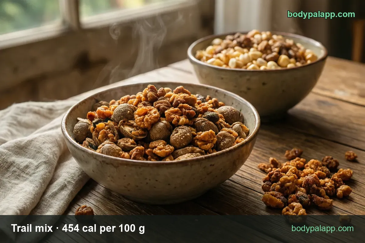 Bowl of caramelized nut clusters with peanuts behind; 1 cup (140 g) 636 cal and 1 oz (28 g) 127 cal.