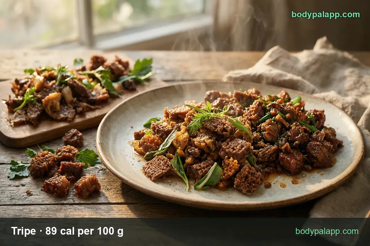 Plate of braised honeycomb tripe pieces with green herbs, board of tripe behind; 1 cup (140 g) 125 cal and 3 oz (85 g) 76 cal