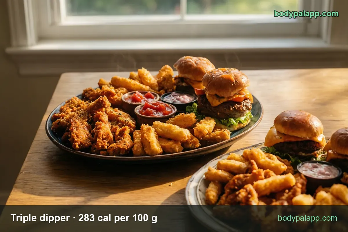 Two platters with chicken tenders, fried sticks, sliders and dip cups; chips read 3 tenders 150 g 425 cal and 1 tender 50 g 142 cal