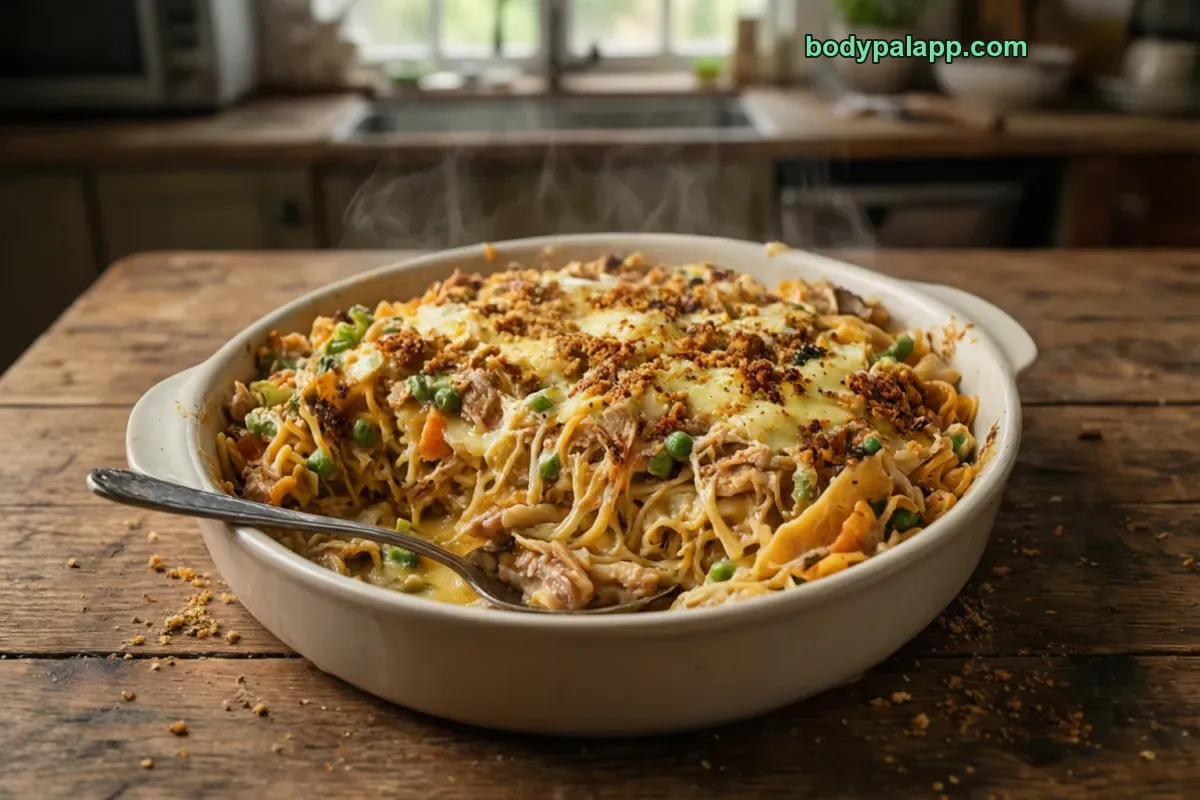 Tuna casserole, with noodles and mushroom sauce