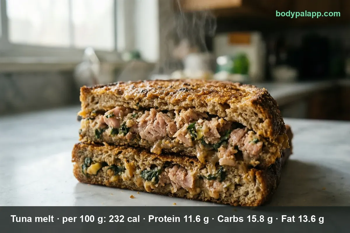 Halved toasted wholegrain tuna melt with layers of tuna and spinach, steam rising and a little cheese visible