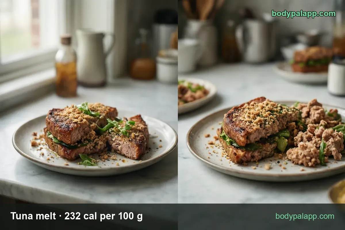 Cut toasted tuna and spinach sandwich on a plate next to shredded tuna, marked 1 sandwich 200 g 464 cal and 1/2 sandwich 100 g 232 cal