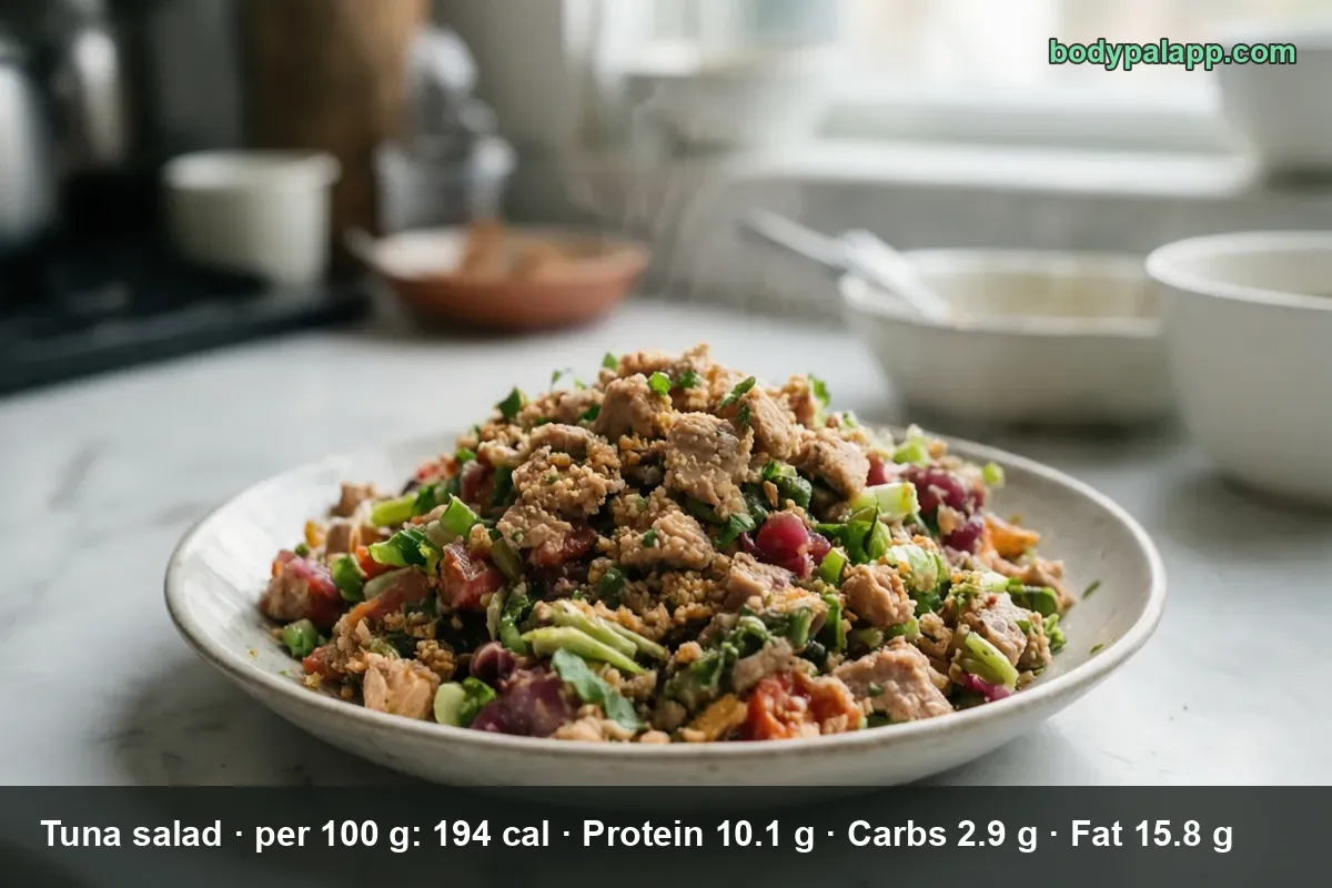 Plate of flaked tuna salad with celery, red onion, tomato and fresh herbs, no visible mayonnaise.