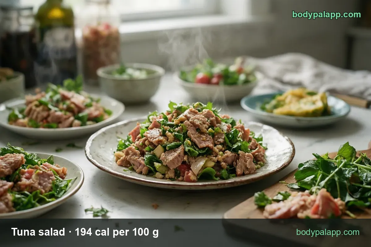 Large plate of tuna salad with greens, avocado and tomato, side plates and a bowl; servings 1 cup (238 g) and 1/2 cup (119 g).