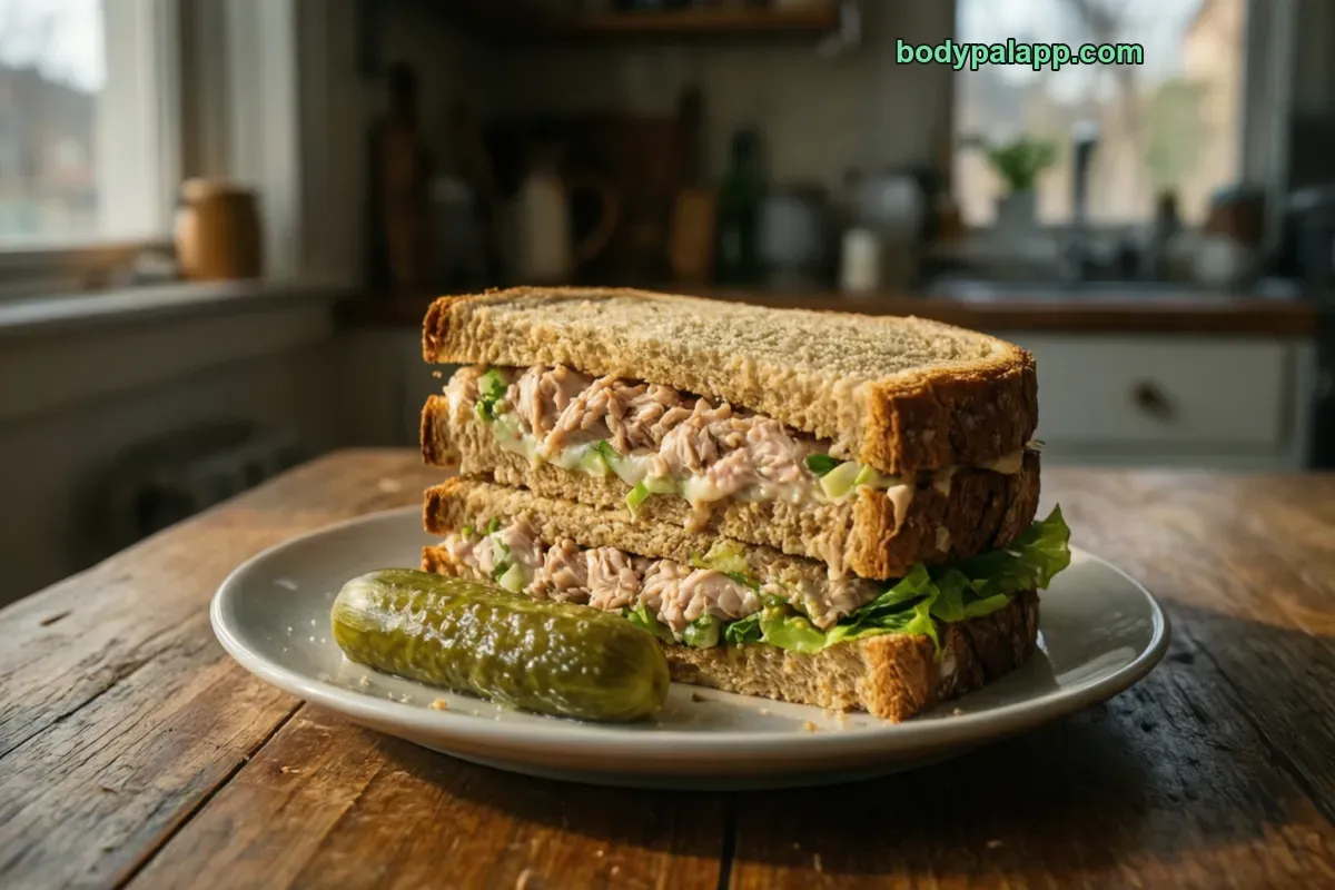 Tuna sandwich on whole wheat, tuna salad, wheat bread