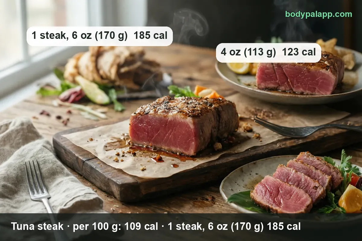Seared tuna steak on parchment with a second plate and four slices on salad; 1 steak 6 oz 170 g and 4 oz 113 g.