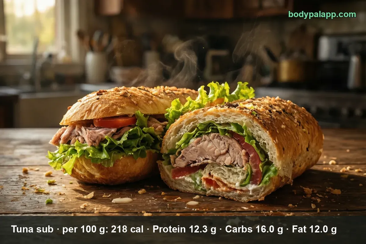 Two halves of a tuna sub with flaked tuna, lettuce and tomato on a wooden table