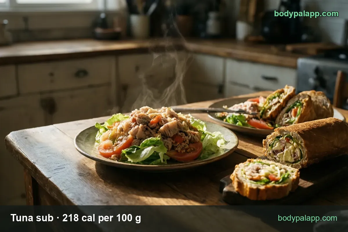 Tuna salad plate and a board of sliced tuna sub, with 6-inch sub (237 g) 517 cal and 12-inch sub (474 g) 1033 cal chips