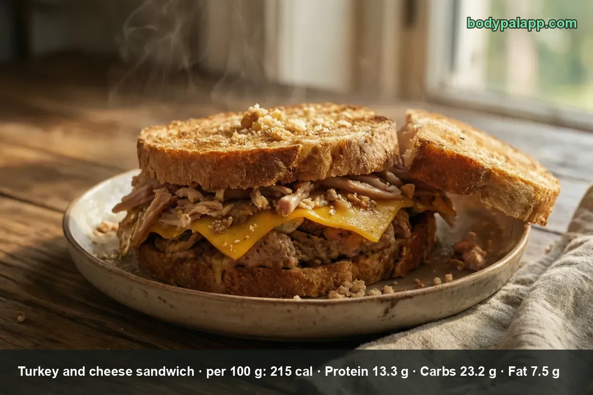 Toasted turkey and cheddar sandwich on a plate with shredded turkey and melted cheese, steam rising