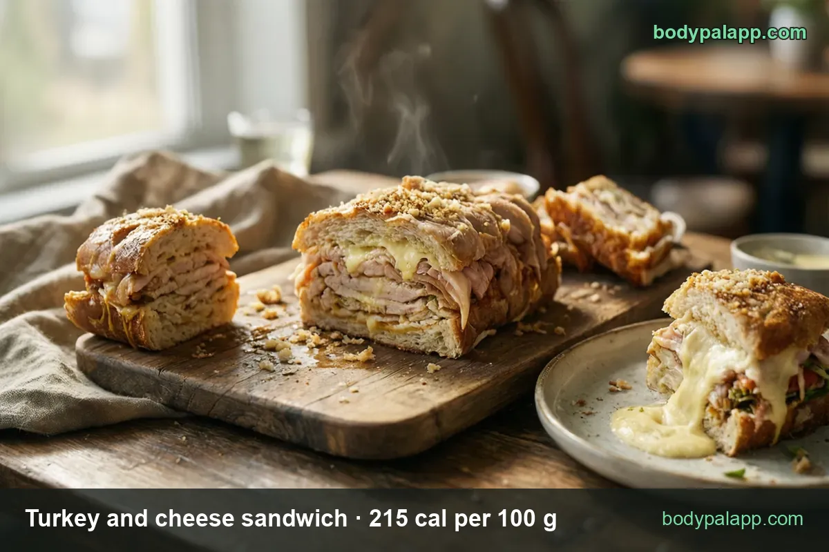 Turkey and melted cheese sandwich cut on a board with a half on a plate; 1 regular (135 g) 290 cal, 1 large (205 g) 441 cal