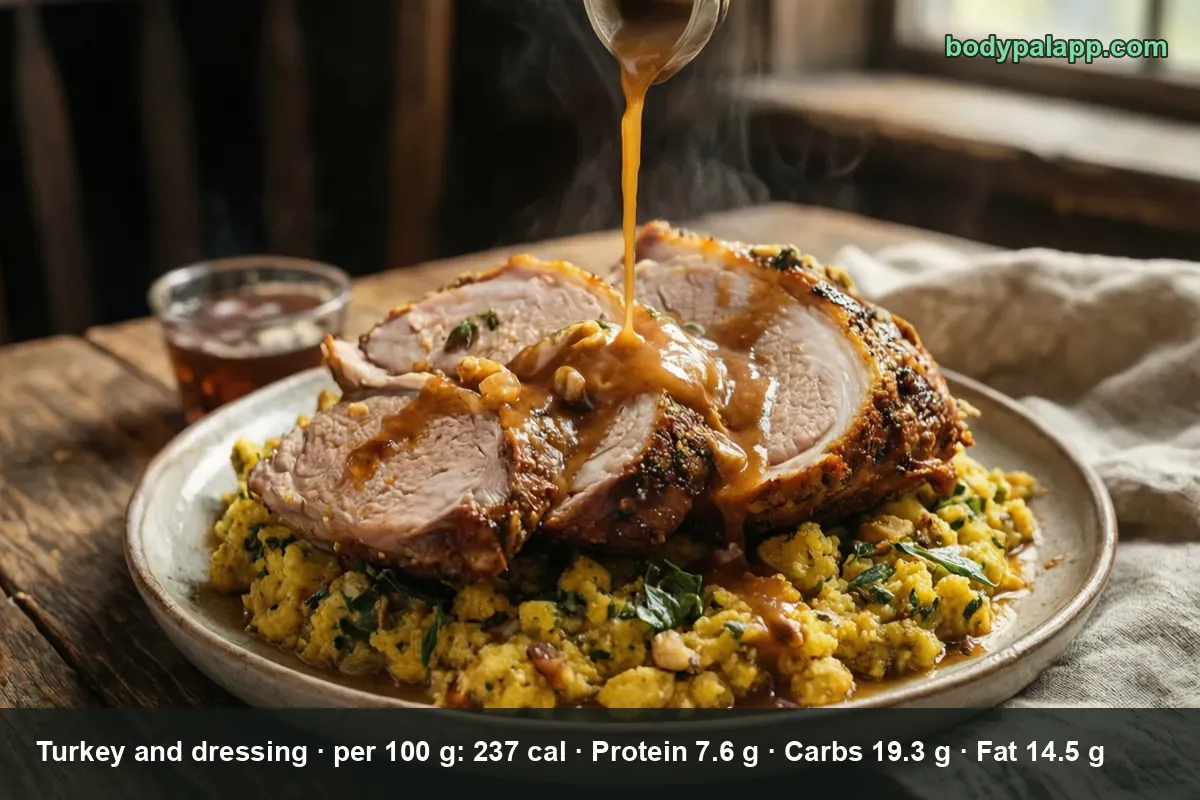 Plate of four roast turkey slices over cornbread dressing with greens, steam rising, gravy being poured over the top.
