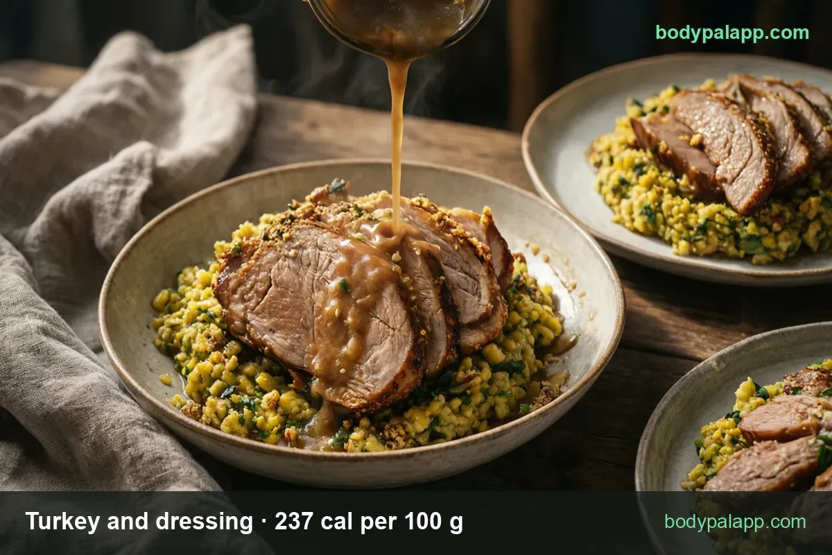Bowl of turkey slices over cornbread dressing with gravy spooned over, plus two side plates of the same, at 1 cup and 1/2 cup.