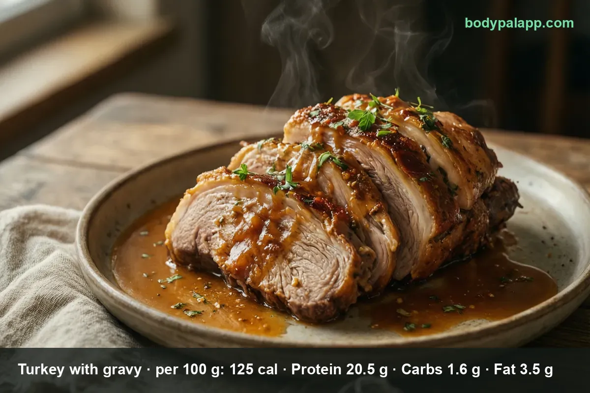 Plate of about five carved roast turkey slices with browned edges and parsley sitting in a pool of gravy, steam rising.