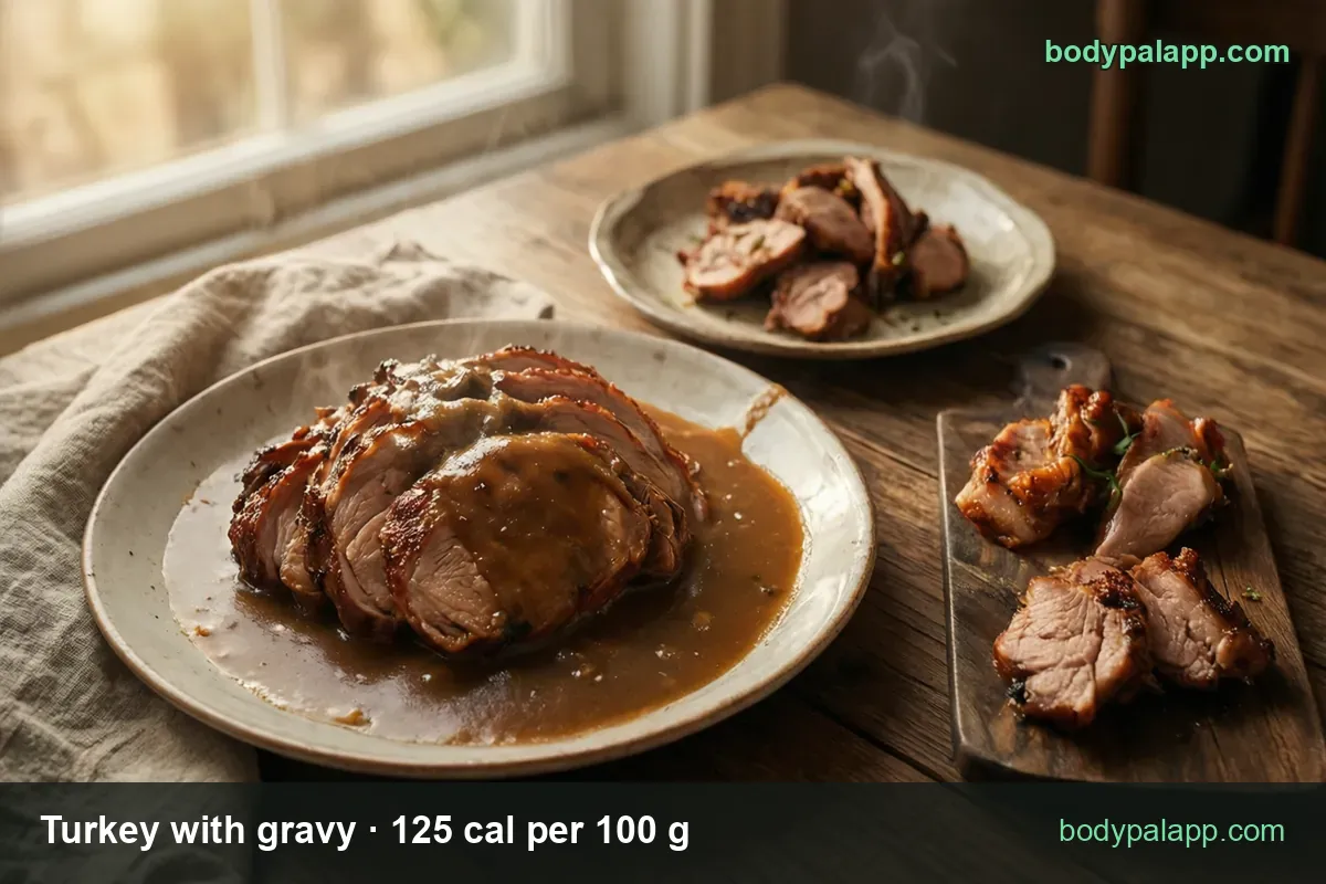 Sliced roast turkey under brown gravy with plain turkey slices behind; 1 slice with gravy (43 g) and 1 cup (244 g).