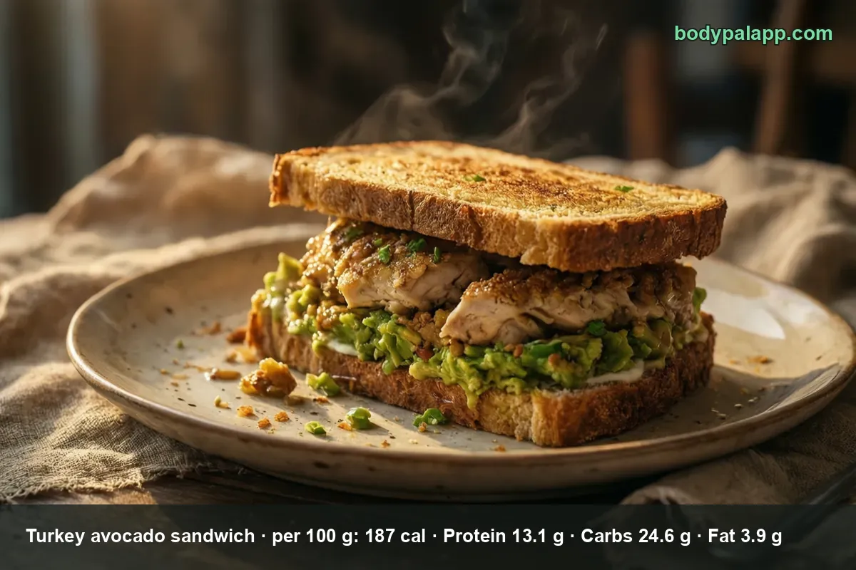 Turkey avocado sandwich with mashed avocado and turkey slices between two toasted slices on a plate, steaming