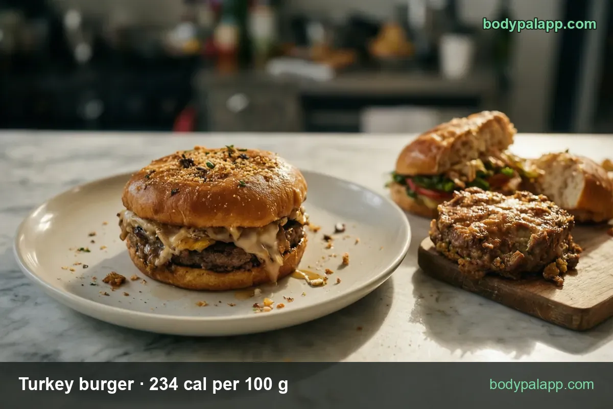 Turkey burger in a glossy bun with melted cheese on a plate, a cooked patty and a sub on a board; 1 sandwich 145 g 339 cal, half 171 cal