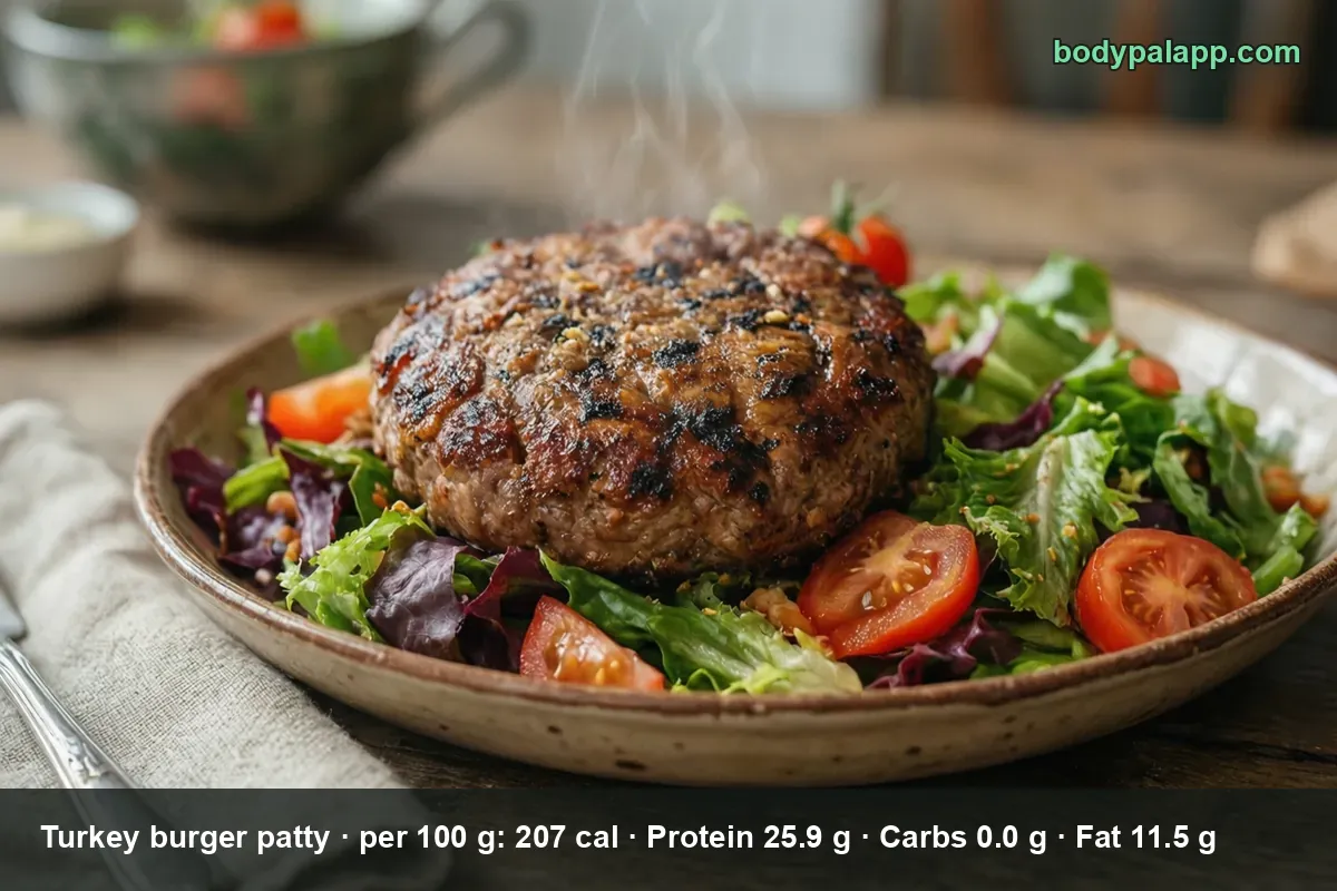Grilled turkey burger patty with grill marks on mixed green salad with cherry tomatoes on a plate, steam rising