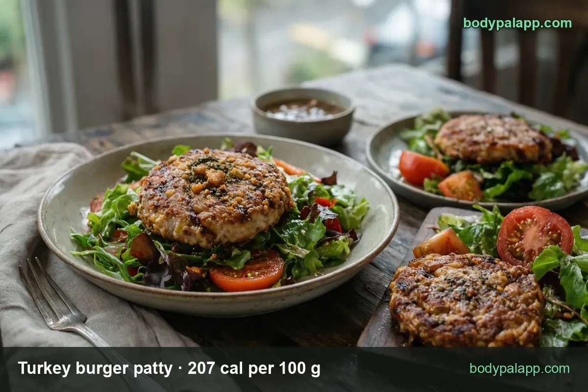 Turkey burger patties on salad plates and a board with tomato, labeled 1 patty 85 g 176 cal and 2 patties 170 g 352 cal