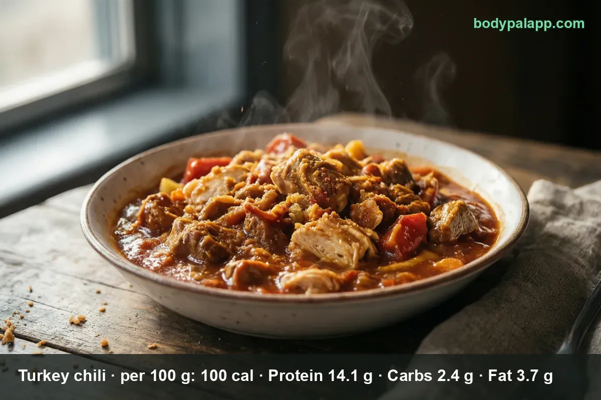 Deep bowl of turkey chili with chunks of turkey and red pepper in tomato sauce, no beans, steaming