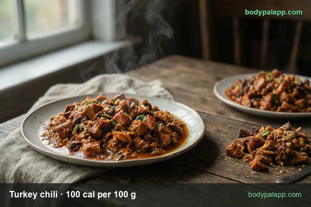 Plates of thick turkey chili without beans, labeled 1 cup (255 g) 255 cal and 2 cups (510 g) 510 cal