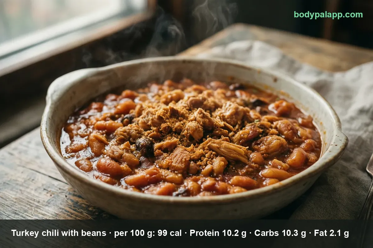 Bowl of turkey chili with beans in red sauce, topped with shredded turkey and crumbs, steam rising.