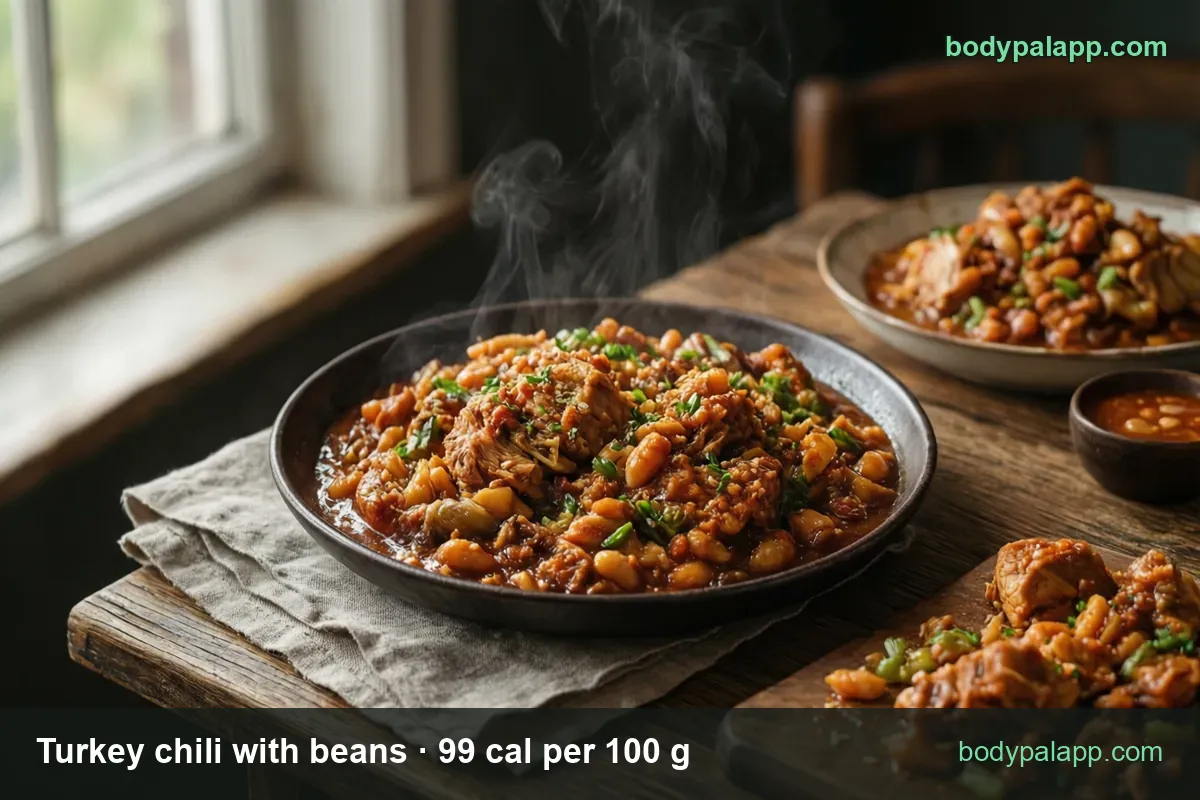 Deep bowl of turkey chili with beans, second bowl and board of turkey and beans; chips: 1 cup (255 g) 252 cal, 1 1/2 cups (383 g) 379 cal.
