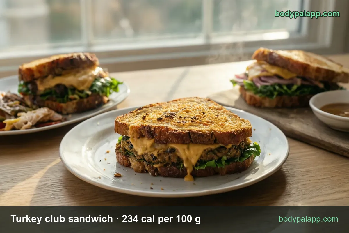 Three toasted club sandwiches with sliced meat, lettuce and cheese on two plates and a board; 1 regular 145 g and 1 large 290 g.