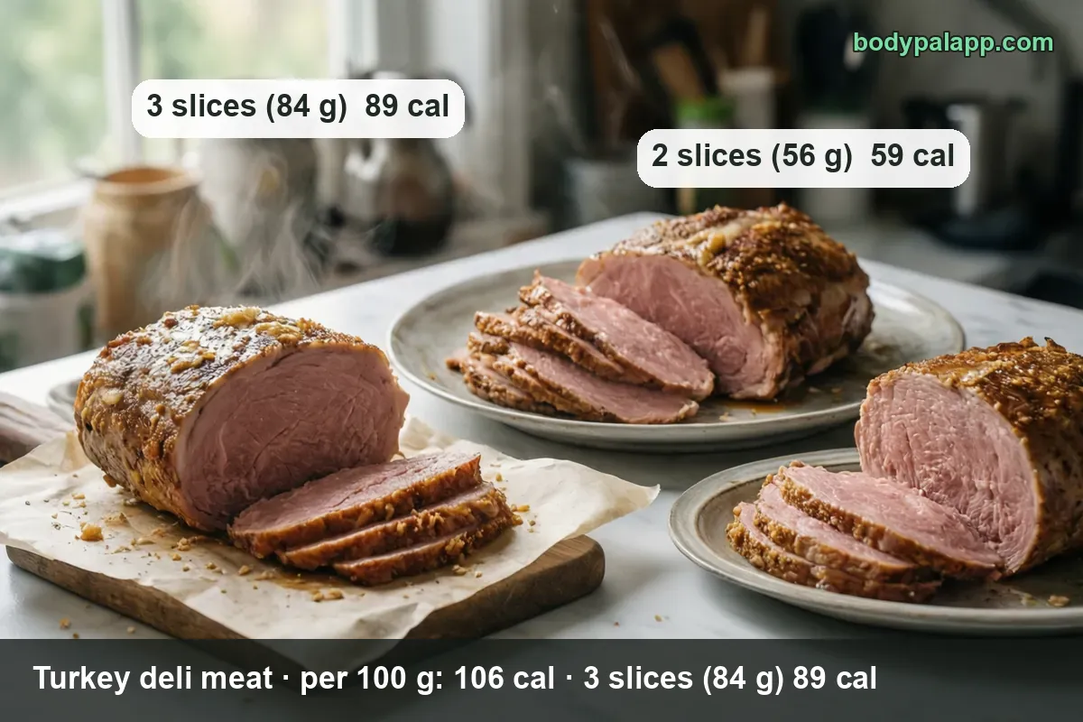Plate of turkey deli meat slices beside a roasted block, with 3 slices at 89 calories and 2 slices at 59 calories