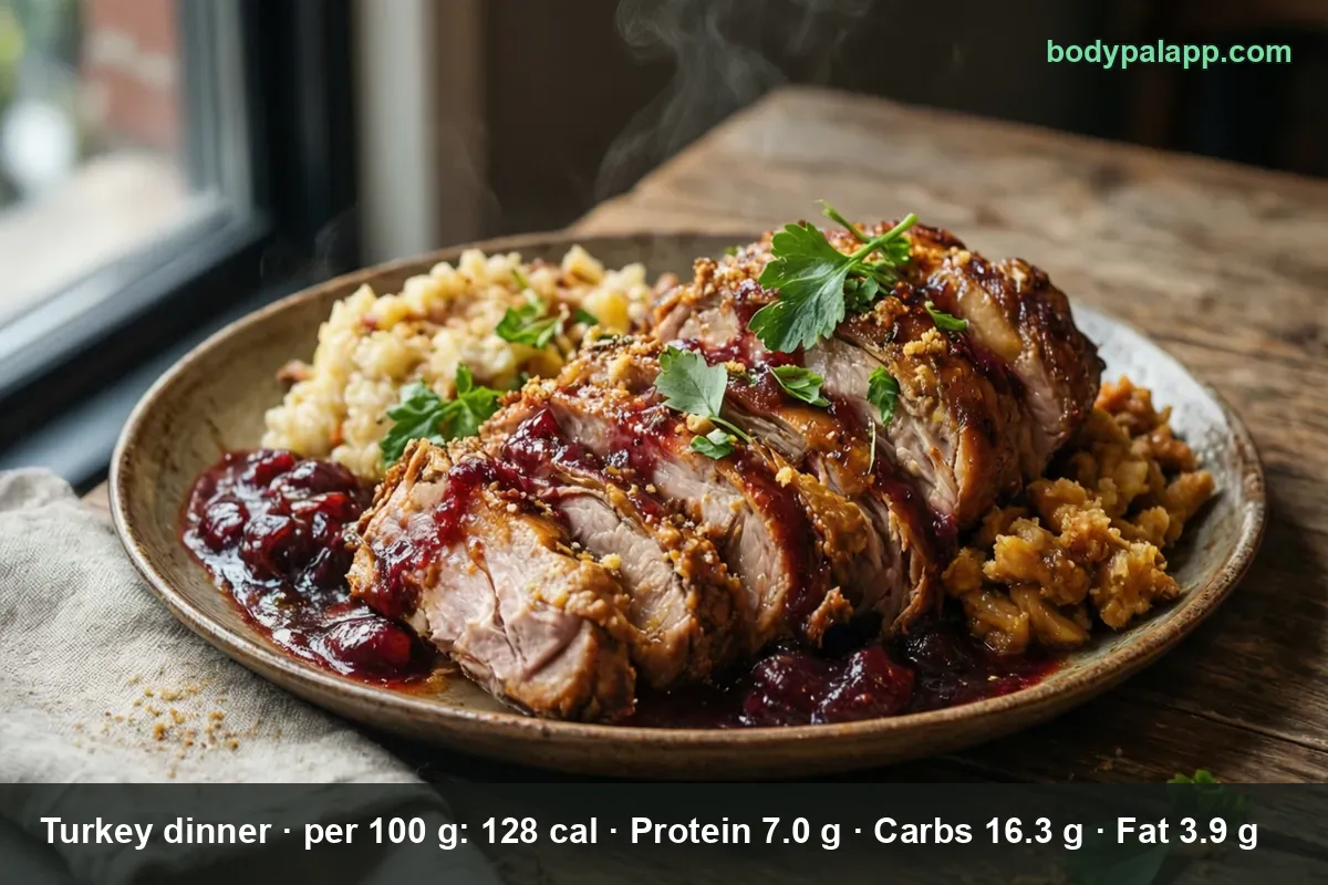Sliced roast turkey breast on a plate with cranberry sauce and stuffing, steam rising from the meat