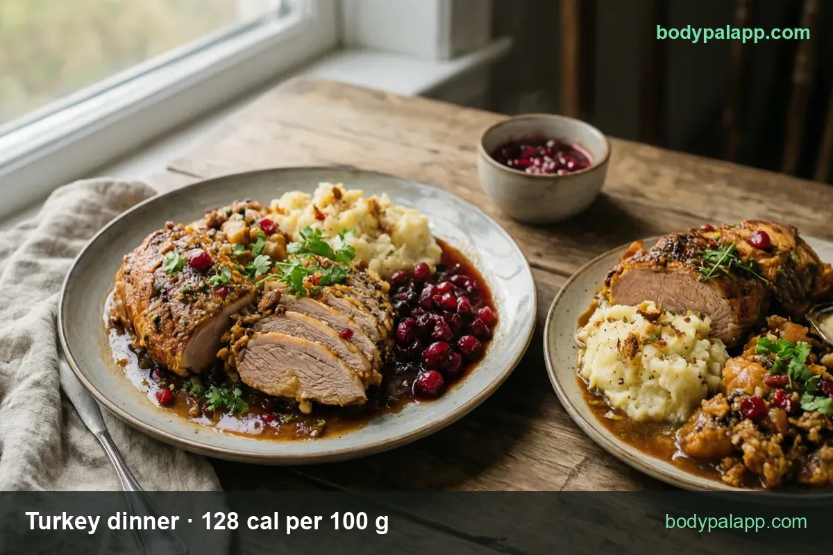 Two turkey dinner plates with mashed potatoes, stuffing and cranberry sauce; chips: 1 dinner 262 g 335 cal, 333 g 426 cal