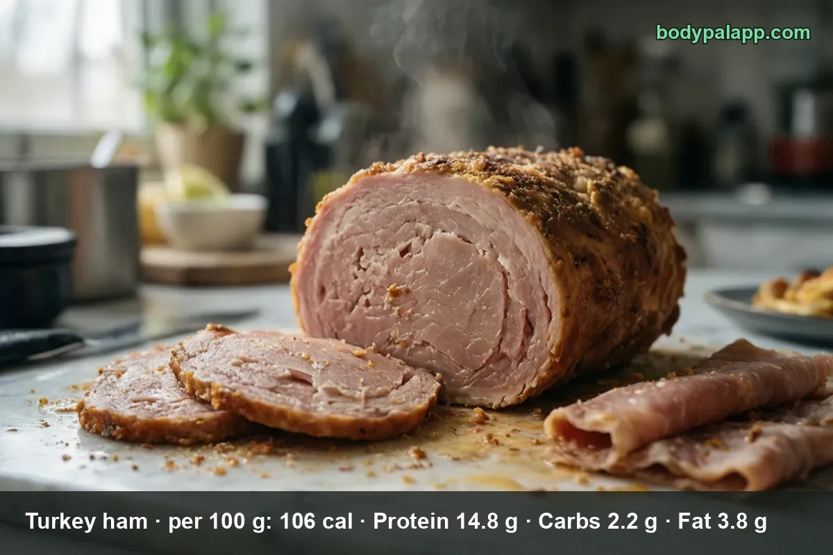 Whole roast turkey ham with a cut face on a marble counter, two slices and thin rolled slices beside it