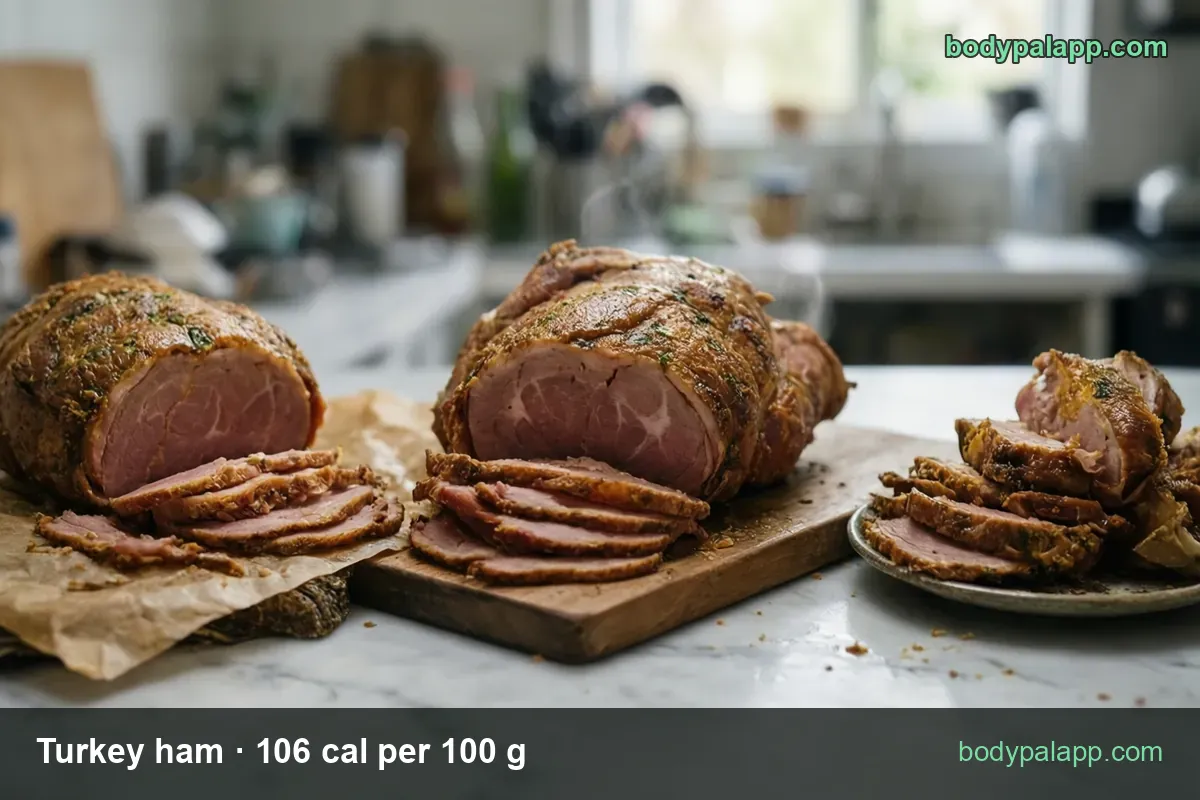 Sliced roast turkey hams on paper, board and plate with chips for 2 slices (56 g) 59 cal and 4 slices (112 g) 119 cal