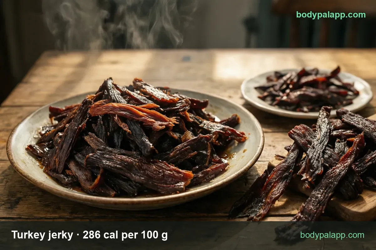 Dark turkey jerky strips on a plate, a second plate behind and more strips on a board: 1 oz (28 g) 80 cal and 1 piece (20 g) 57 cal.