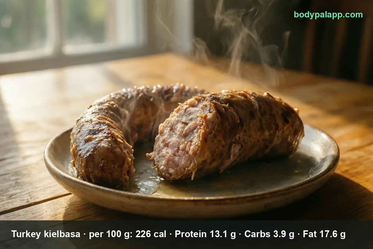 Two slices of turkey kielbasa on a plate, one cut open to show coarse ground meat, with steam rising