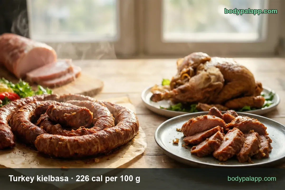 Coiled turkey kielbasa on paper beside a plate of seven slices, labeled 2 oz (56 g) 127 cal and 4 oz (113 g) 255 cal