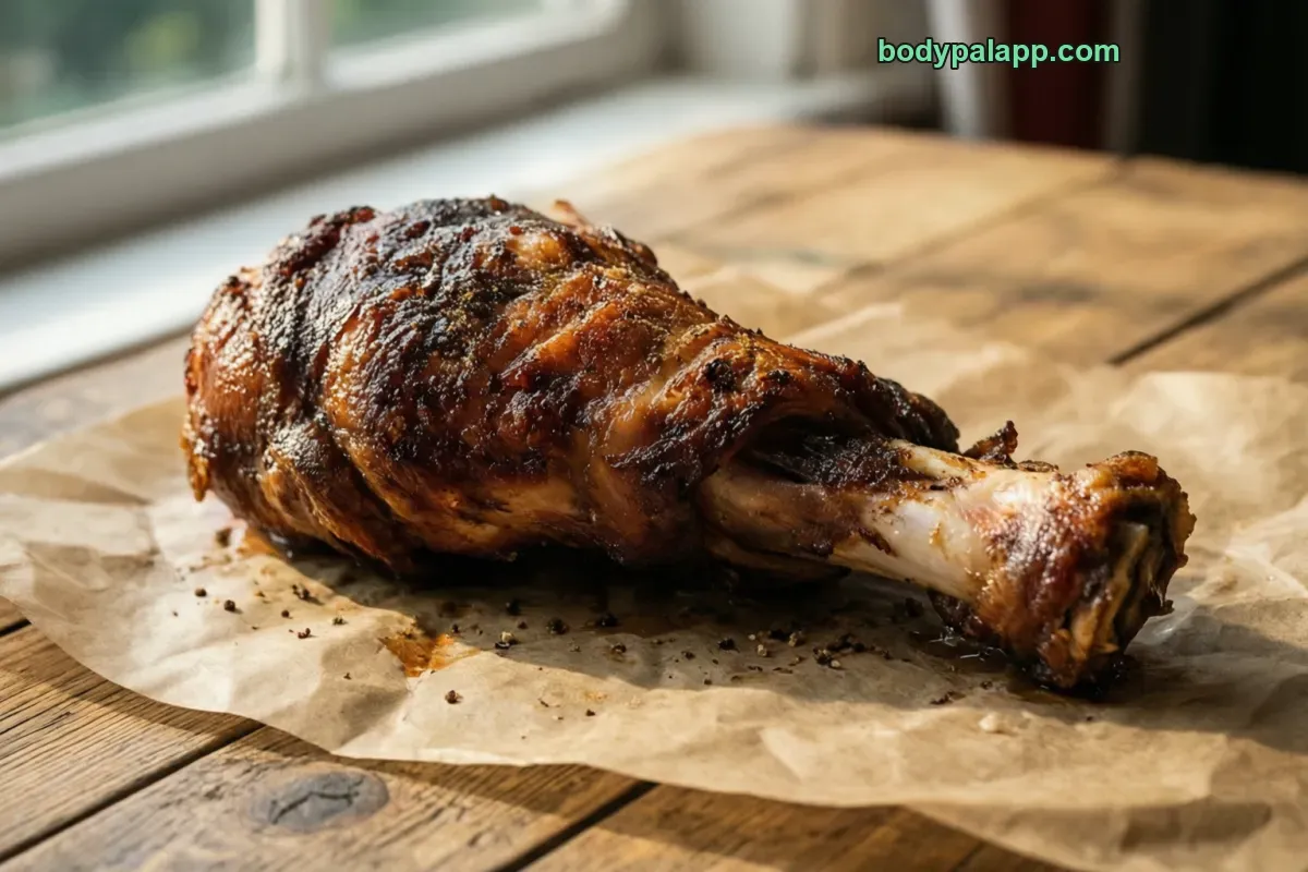 Turkey leg, roasted, meat and skin