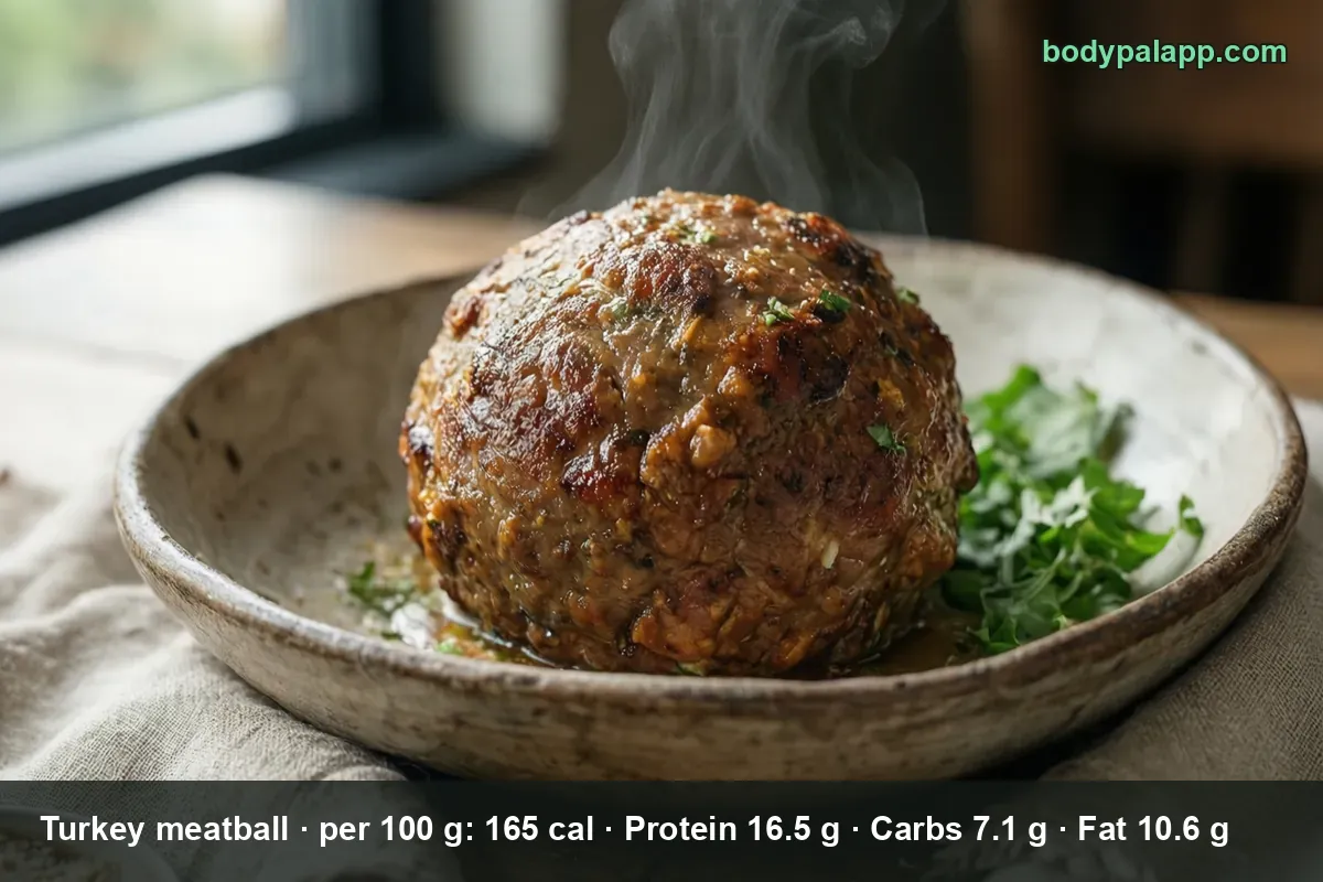 One large turkey meatball steaming on a ceramic plate with green garnish