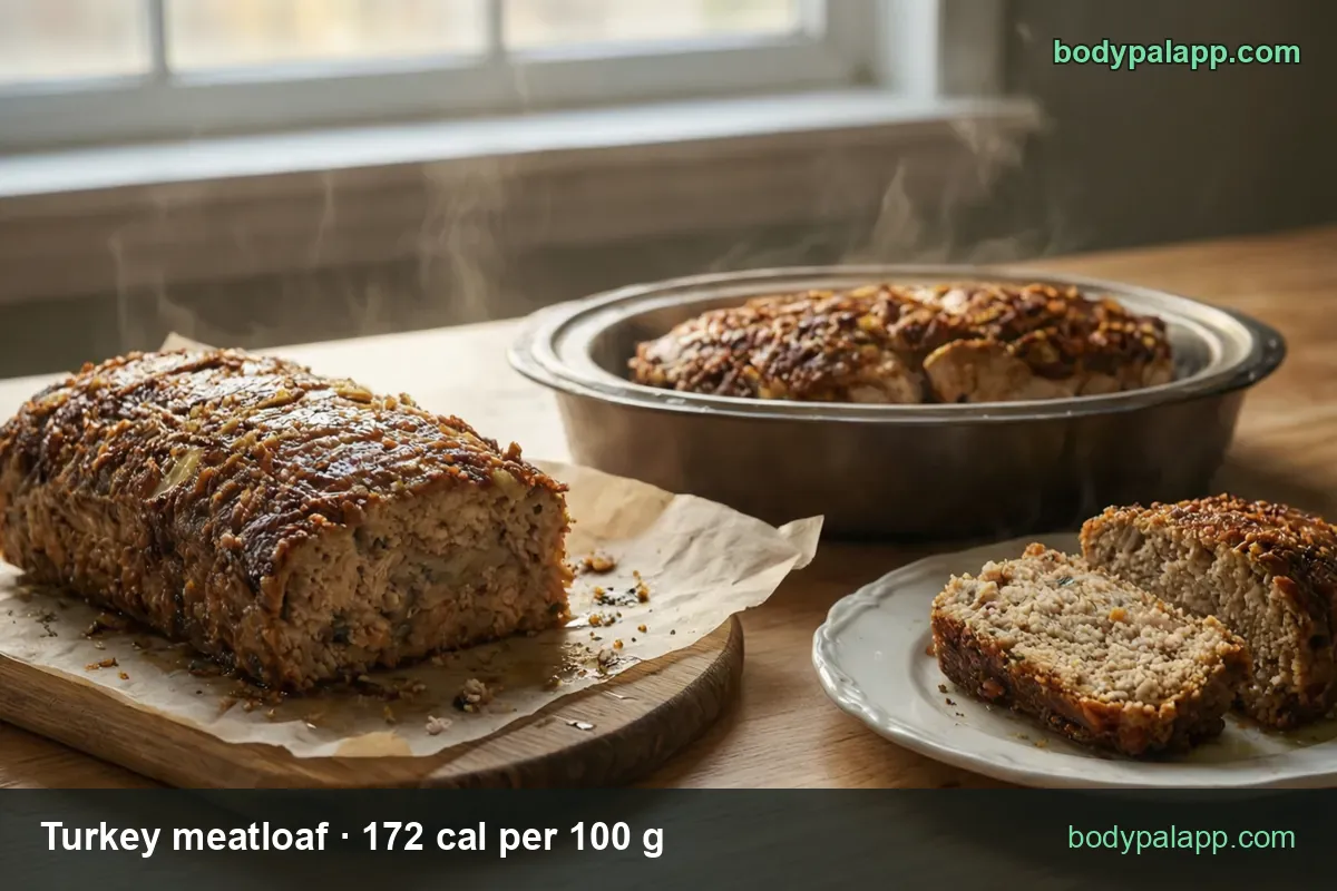 Turkey meatloaf in three panels: whole loaf on paper, loaf in a round metal pan, two slices on a white plate; 108 g and 144 g.