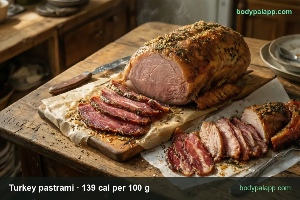 Turkey pastrami roll on a board with five slices in front and about five more on paper; 2 slices 57 g, 8 oz package 227 g