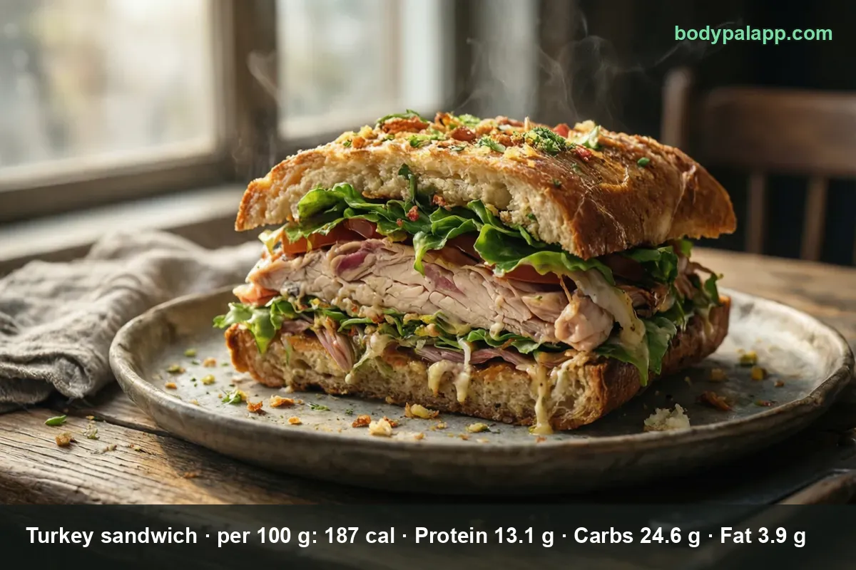 A large turkey sandwich on ciabatta with sliced roast turkey, lettuce, tomato and red onion on a ceramic plate - 345 calories