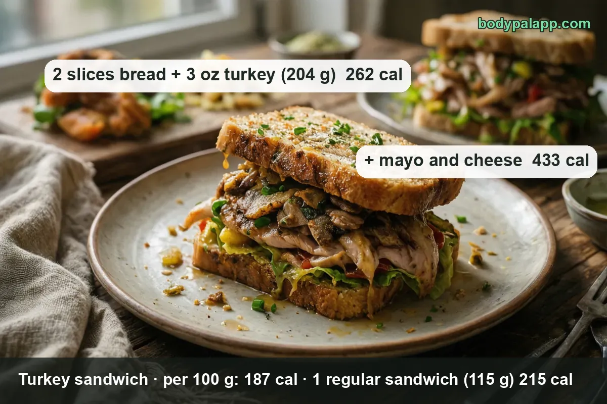 A turkey sandwich on two slices of whole-wheat toast with lettuce and tomato, two more sandwiches behind and shredded turkey on a board - 262 calories
