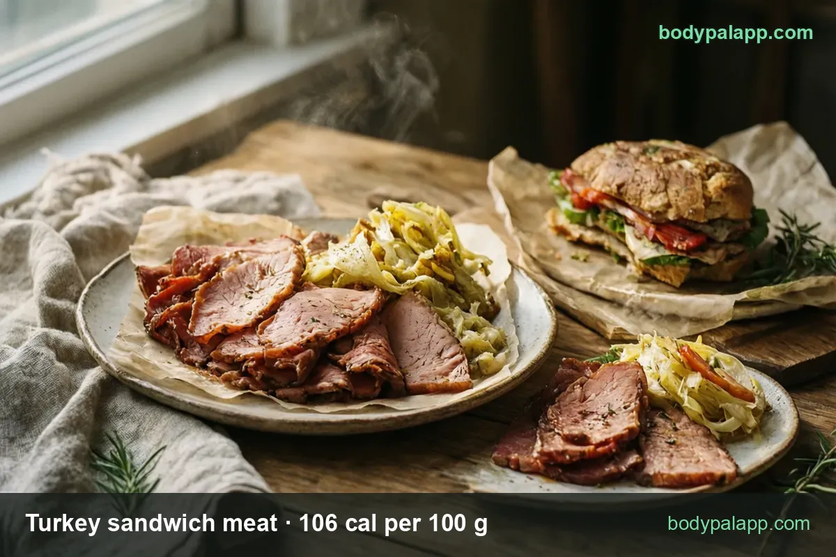 Plate of eight sliced turkey pieces with cabbage; chips read 6 thin slices (96 g) 102 cal and 2 oz (56 g) 59 cal