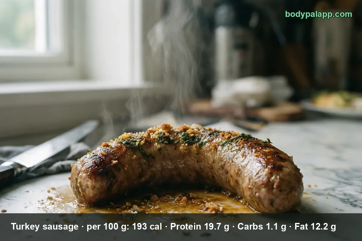 One curved cooked turkey sausage link with crumbs and herbs on a marble surface