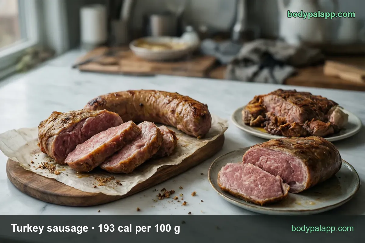 Board with a whole roasted turkey sausage and one cut into 3 pink slices; chips show 1 link (75 g) 145 cal and 3 slices (45 g) 87 cal
