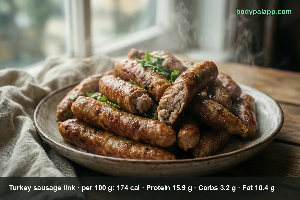 Plate of about ten browned turkey sausage links, several of them cut open