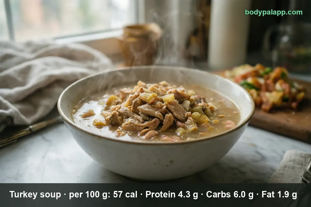 Bowl of chunky turkey soup with shredded turkey, vegetables and rising steam