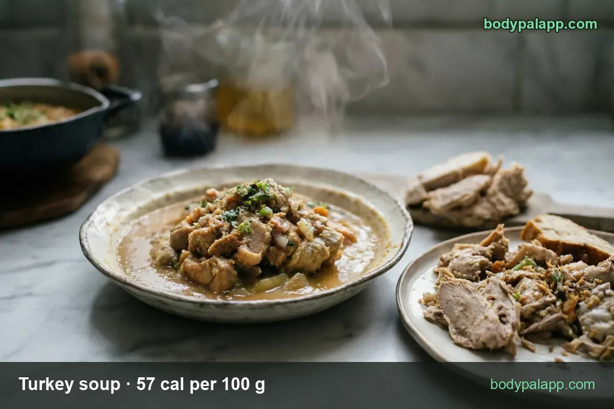 Shallow plate of thick turkey stew in brown sauce, sliced and shredded turkey behind; chips 1 cup (236 g) 135 cal, 1 can (532 g) 303 cal