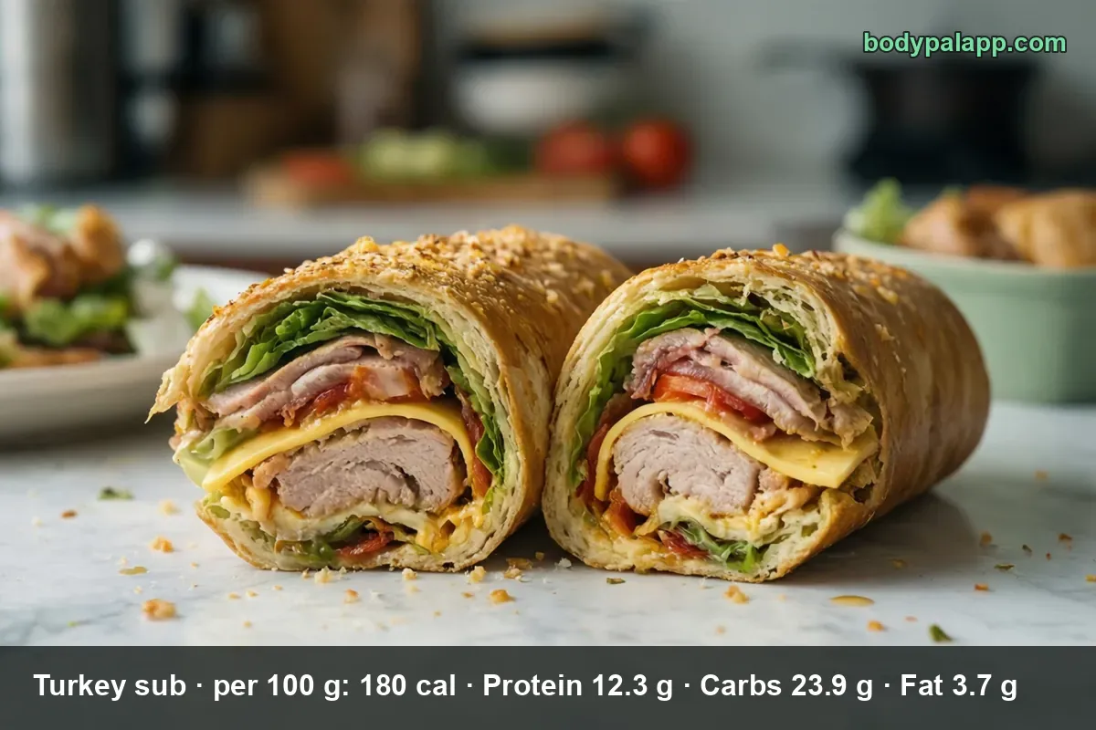 Turkey sub cut in half, cut side showing sliced turkey, cheese, lettuce and tomato on seeded bread