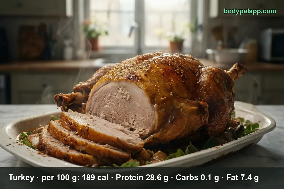 Whole roast turkey on an oval platter, breast carved with four slices laid beside it